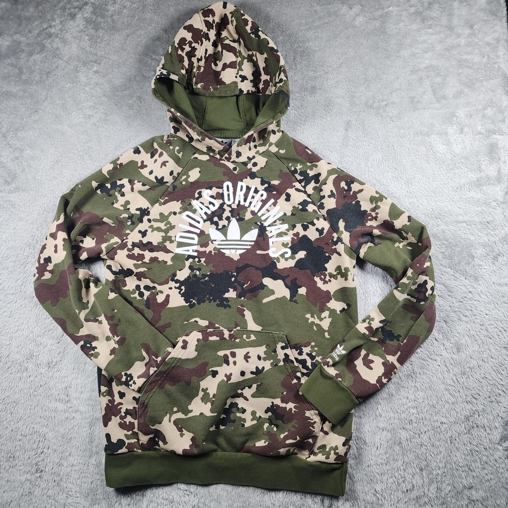 Adidas Originals Hoodie Youth Large Green Camo Trefoil Logo Pullover Fleece